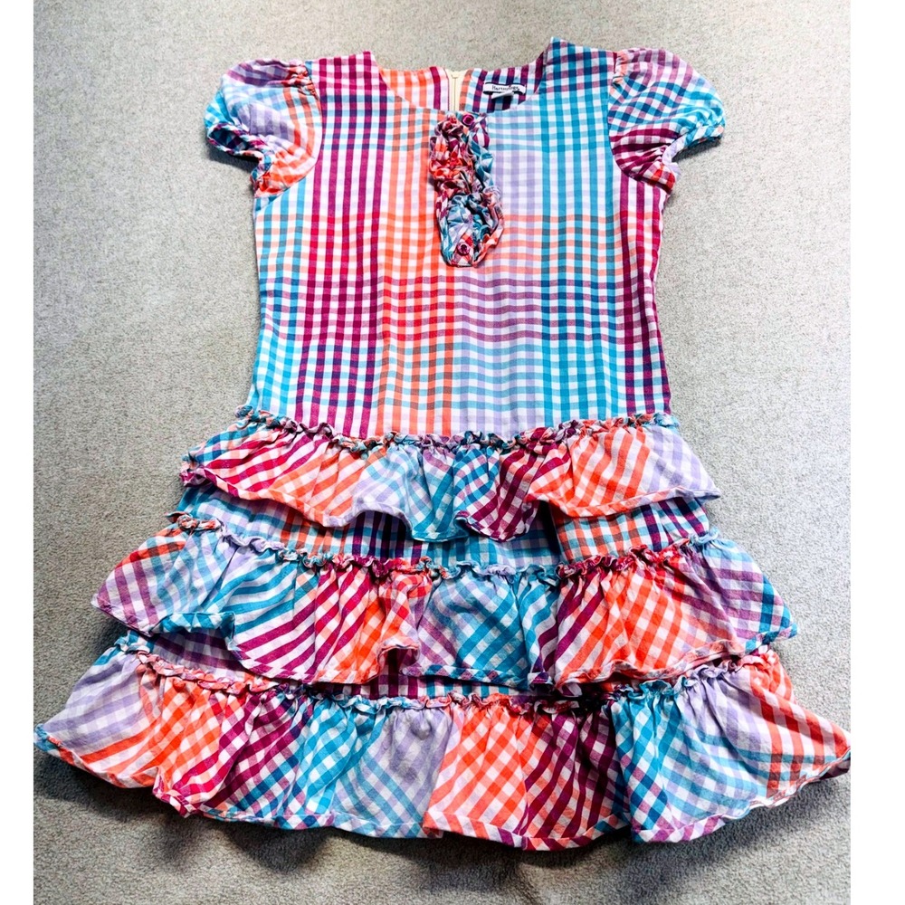 Hartstrings Girls Size 8 Plaid Tiered Ruffle Dress Multicolor Short Sleeve Flowy